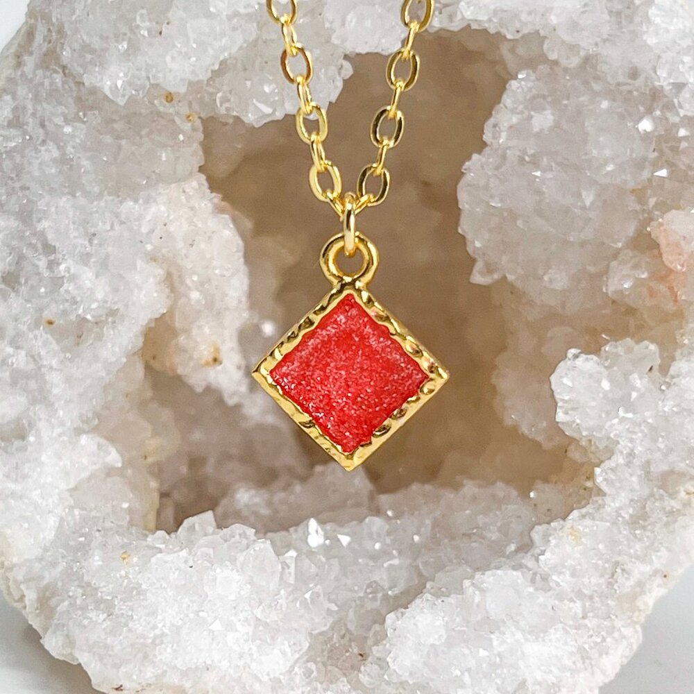 3/$20 14k Gold Red Glitter Resin Diamond Charm Handmade Pendant Necklace